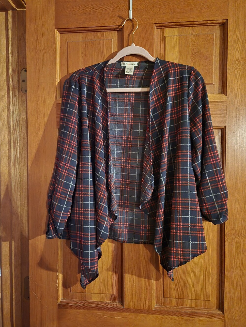 Plaid Open-Front Women’s Cardigan Sweater - Navy & Red Miley + Molly